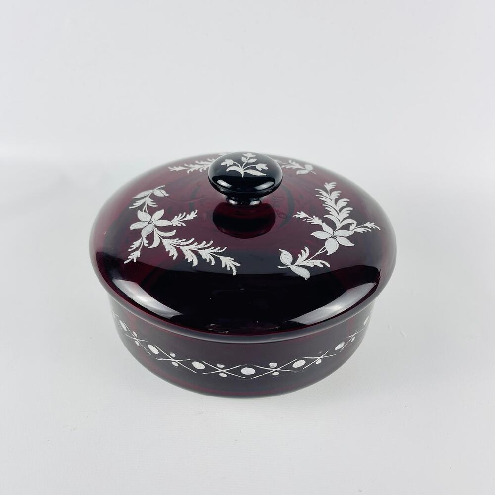 Ruby Red Glass Silver Overlay Candy Dish W/ Lid Floral 5 3/4 x 3 3/4”